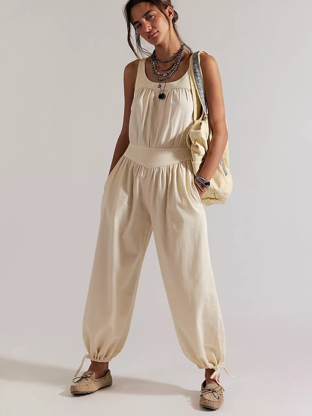 We The Free Cream Sleeveless Scoop-Neck Jumpsuit with Gathered Ankles